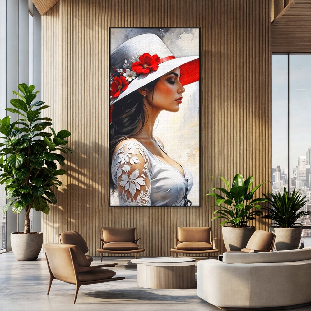 Tablou canvas cu tablou canvas cu profil de doamna, in rama de aluminiu negru, pe perete intr-un birou
